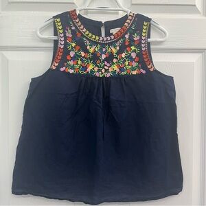 J. Crew Navy Blue Embroidered Sleeveless Cotton Linen Women's Blouse Shirt Top